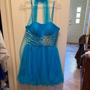 Blue Strapless Party Dress with Embellishments